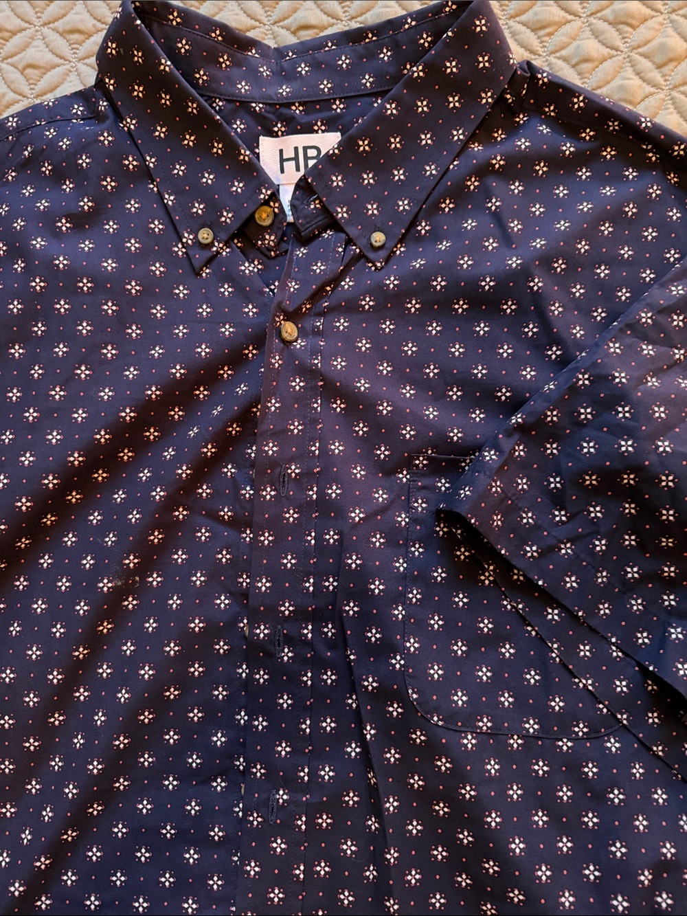 HB Navy Button-Down Shirt with White and Light Pink Micro Motif